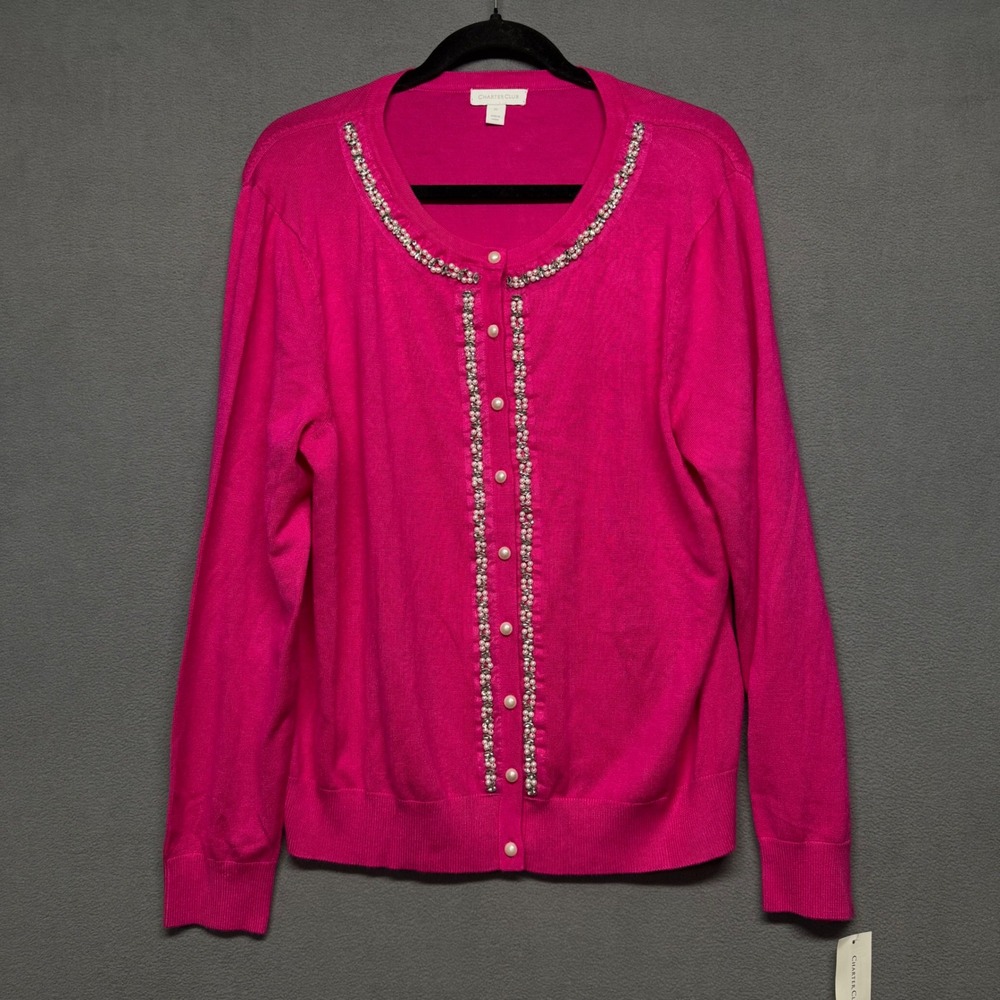 Charter Club Party Cardigan Beaded Faux Pearl Pink XL Holiday Glam Coquette